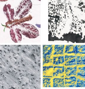 很多材料都可以進行拓印，從左至右:水彩、墨汁、鉛筆、蠟筆加水彩