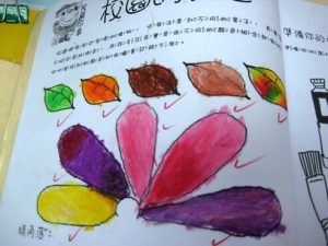這次課程的重點是顏色，因此只要求孩子儘量去找不同的葉子或花的顏色，不要求描繪植物的外型，免得模糊了焦點